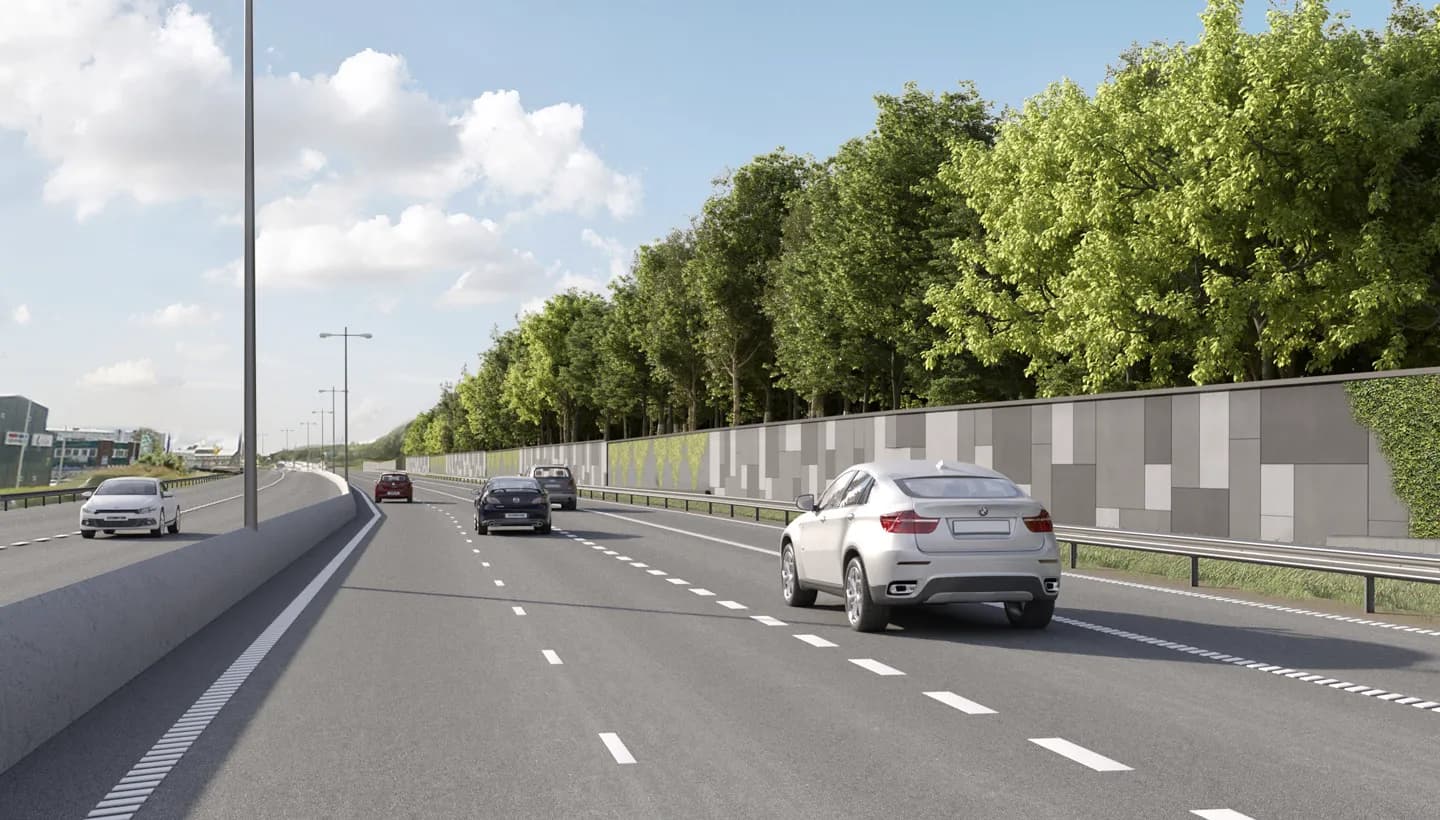 Illustration av nya bullerskyddsskärmar längs Västerleden i Göteborg med bilar på motorvägen och grönska bakom skärmarna