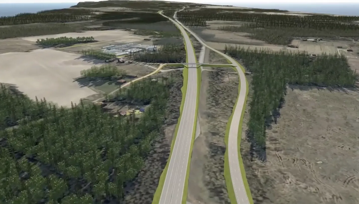 3D-visualisering av E20 mellan Götene och Mariestad som mötesfri väg med planskild trafikplats genom skog och åkermark