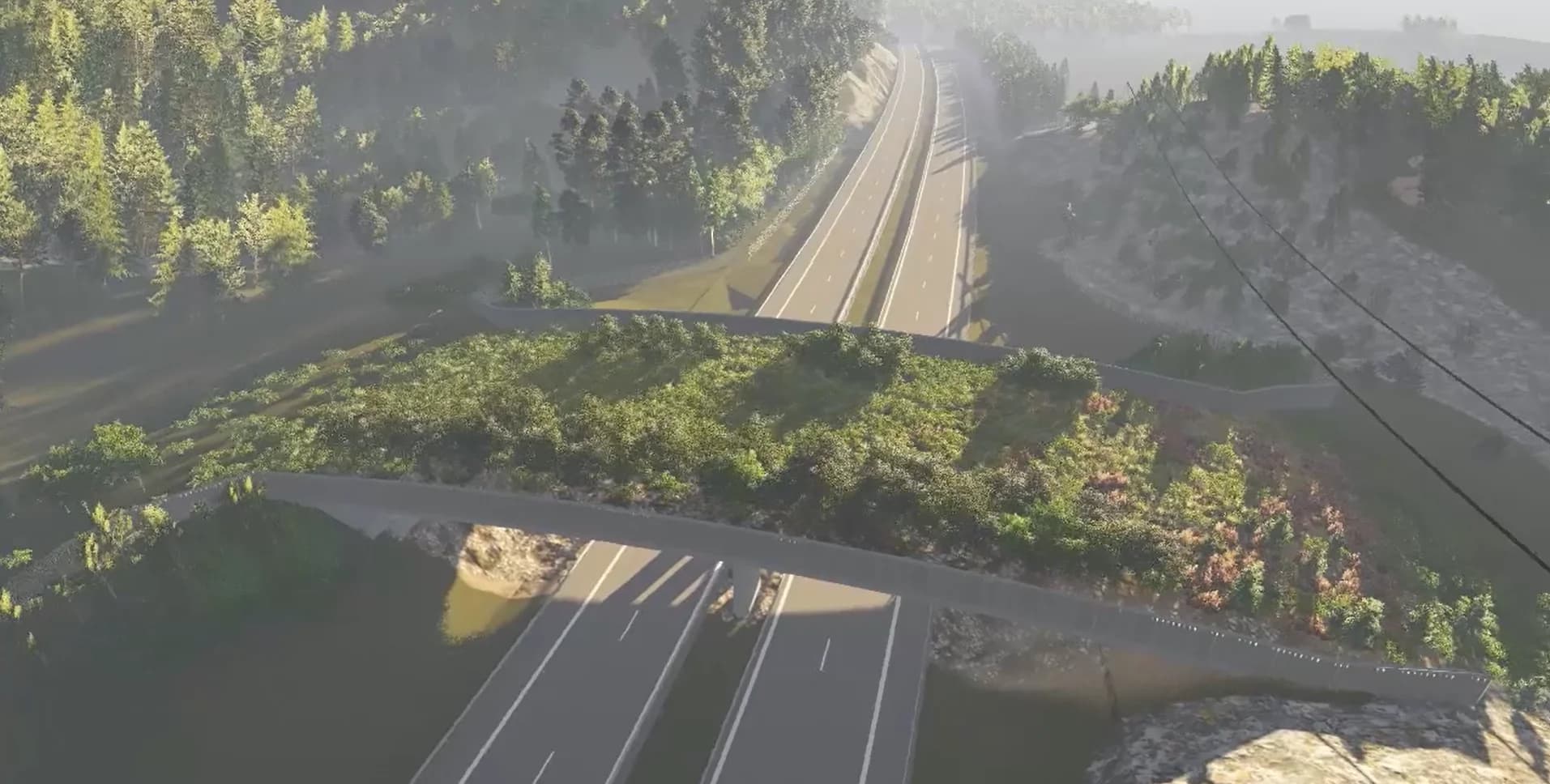 Visualisering av en ekodukt med skog och vegetation som korsar en motorväg, från Markeras visualisering av ekodukten över E6 vid Sandsjöbacka