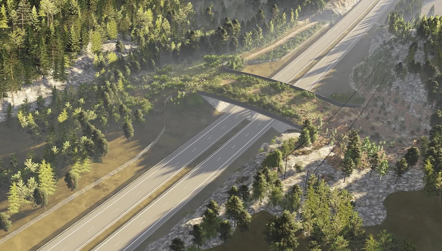 Visualisering av den planerade ekodukten över E6 vid Sandsjöbacka, en bred skogsbeklädd bro över motorvägen