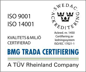 Certifikatmärke: ISO 9001 och ISO 14001, kvalitets- och miljöcertifierad av BMG Trada Certifiering, Swedac-ackrediterat