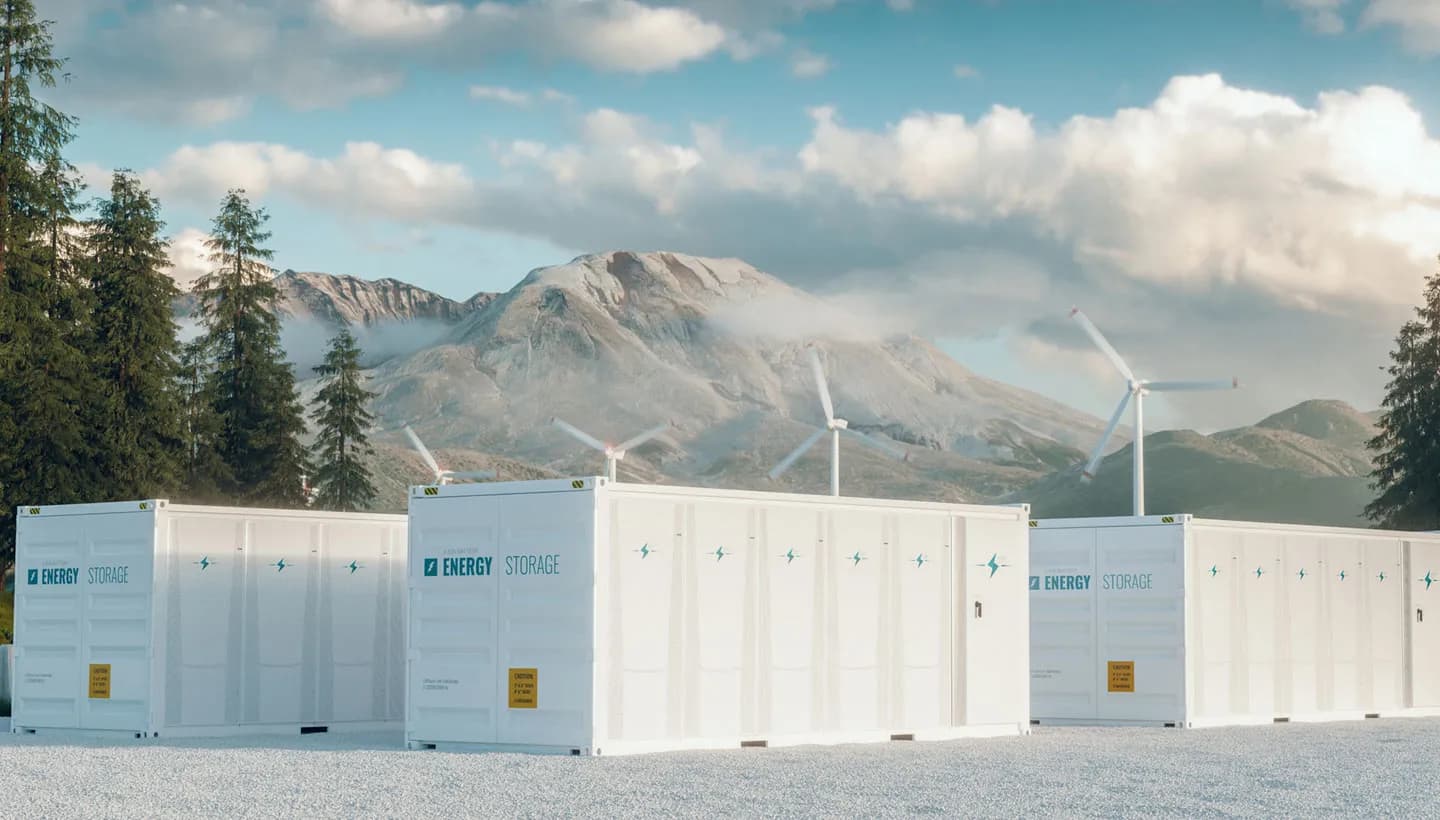 Illustration av containrar för batterilager framför vindkraftverk och berg, den typ av anläggningar LBS bygger