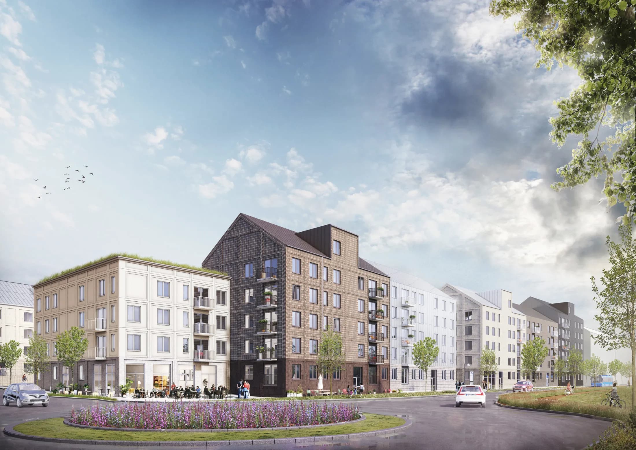 Visualisering av Pedagogen Park i Mölndal med nya bostadshus längs en trädkantad gata, där Markera projekterar första etappen