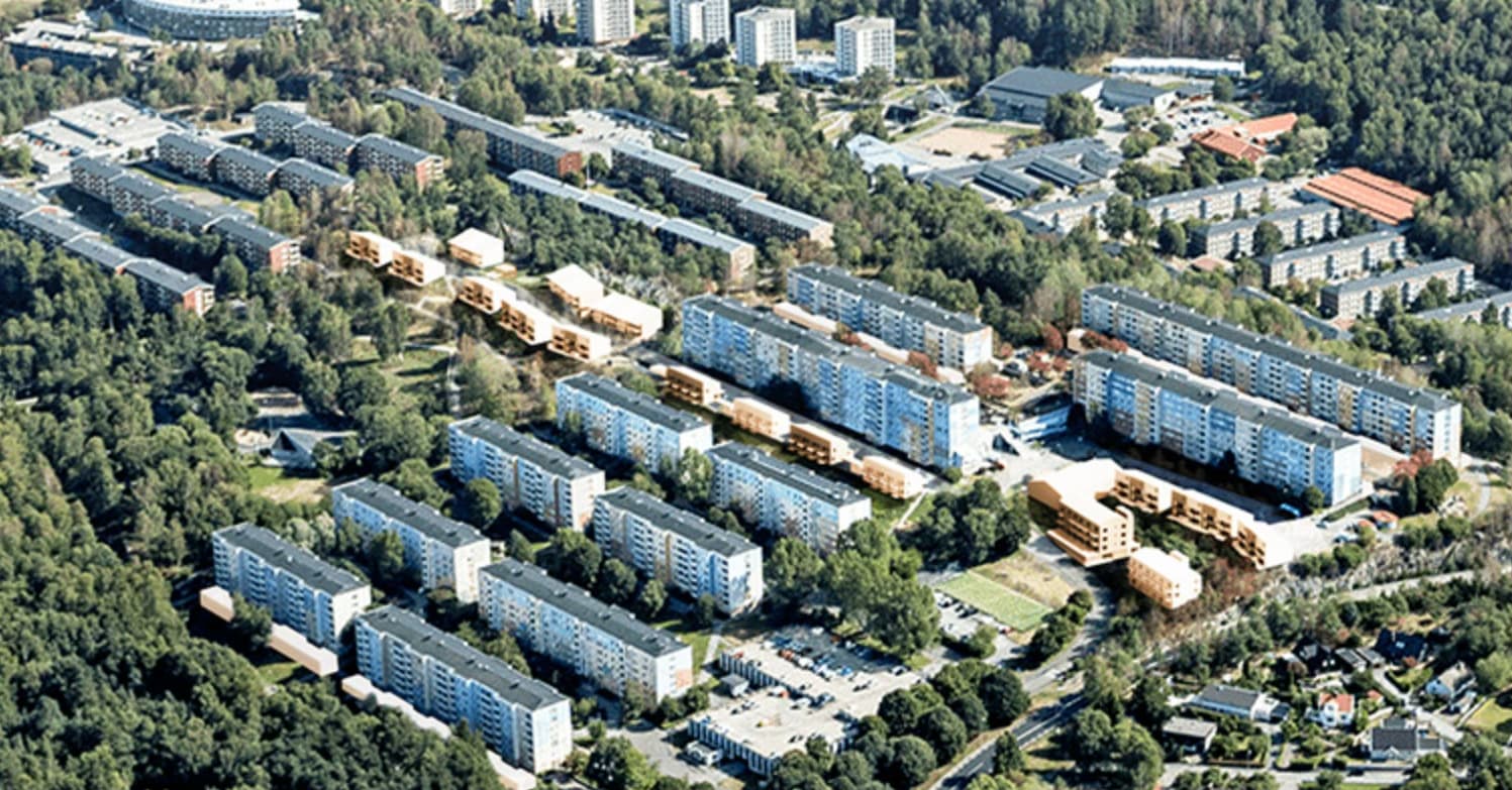 Flygvy över sydvästra Bergsjön i Göteborg med befintliga flerbostadshus och de nya rad- och parhusen längs Siriusgatan