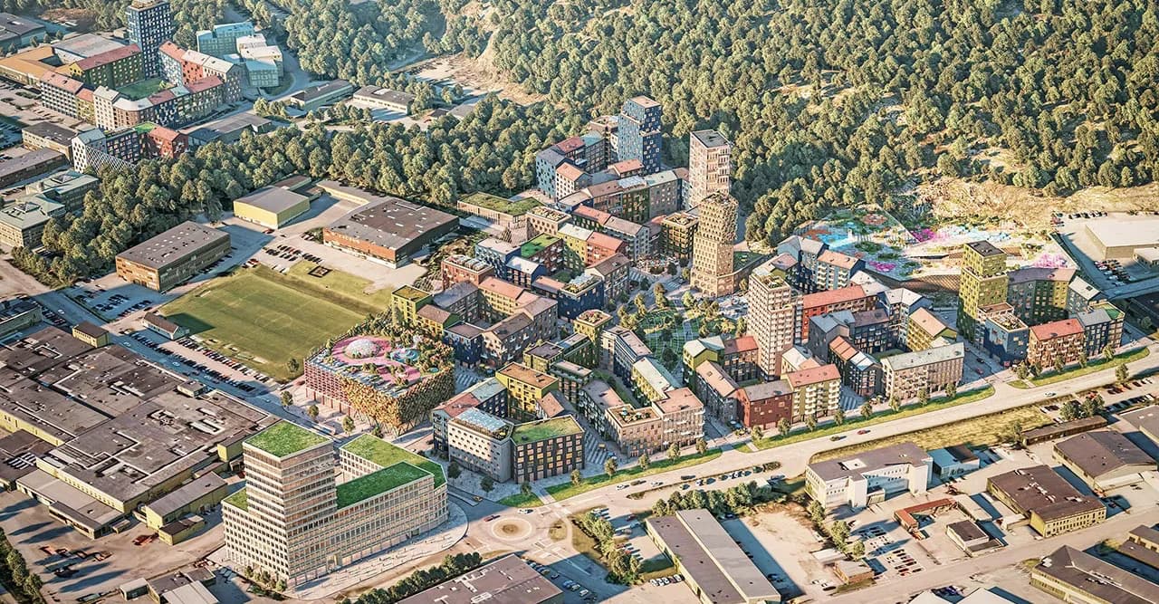 Visualisering av den nya stadsdelen Södra Änggården i Göteborg, där Markera detaljprojekterar allmän platsmark