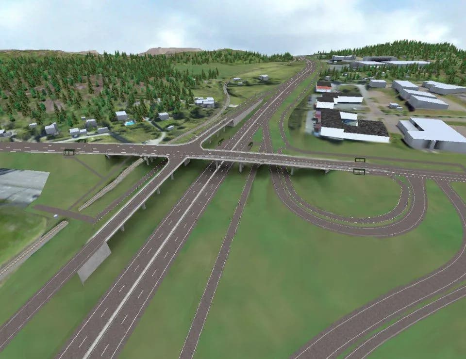 3D-modell av Sörredsmotet på Hisingen med ny bro över väg 155, cirkulationsplatser och anslutande gator