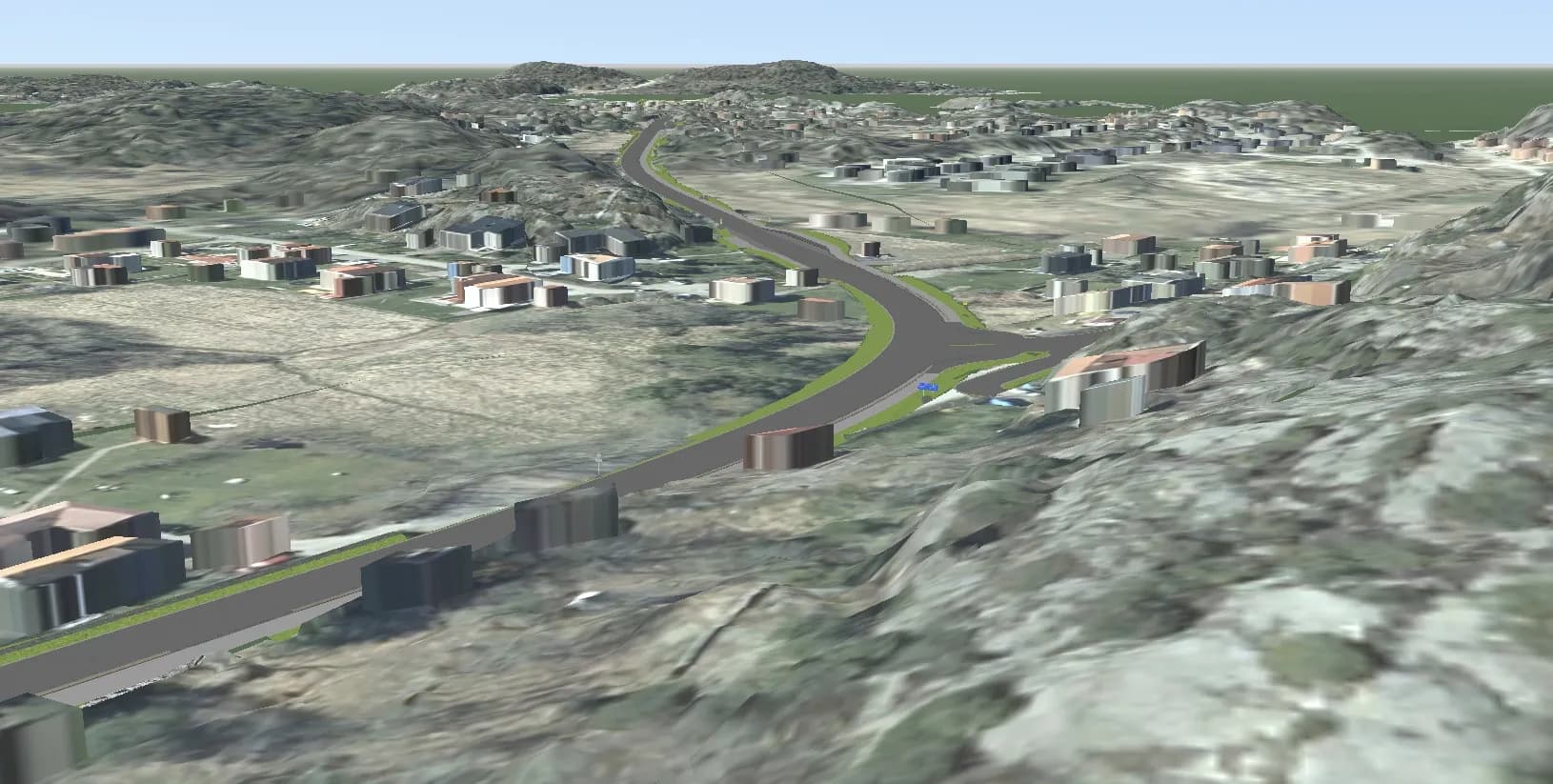 3D-modell av väg 168 genom Tjuvkil med ny gång- och cykelväg längs vägen och bebyggelse i kuperad terräng