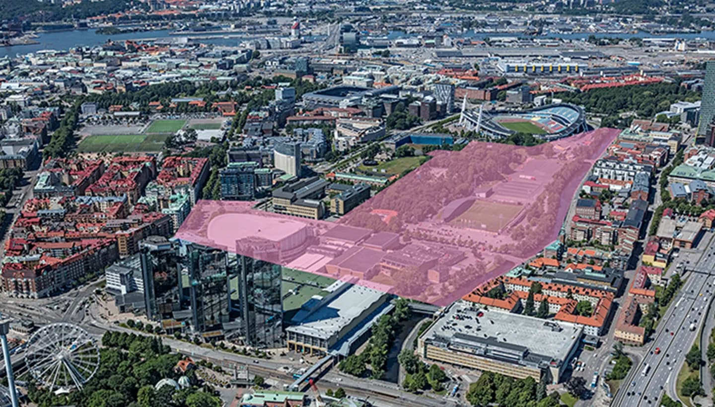 Flygfoto över centrala Göteborg där planområdet norr om Valhallagatan är markerat i rosa, med Liseberg och Mölndalsån i bild
